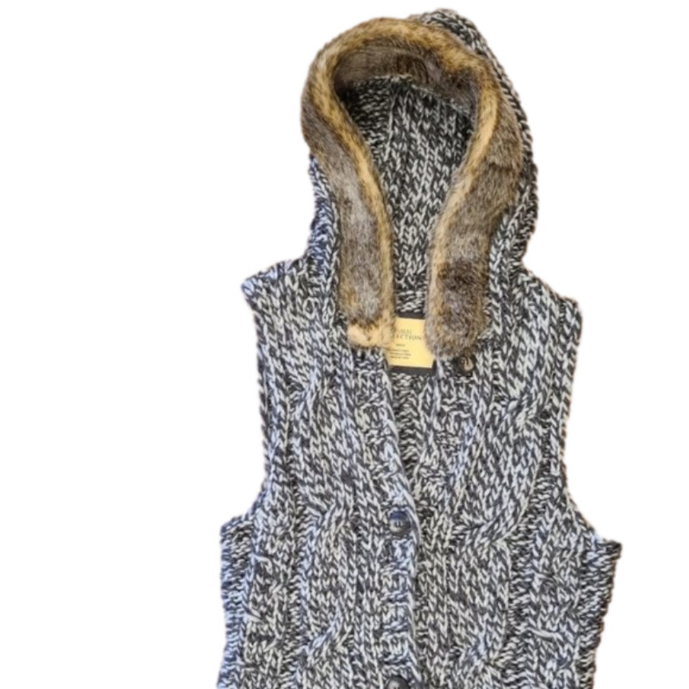 Natural Reflections Women's Hooded Cable Knit Vest Black White Fur Trim S
